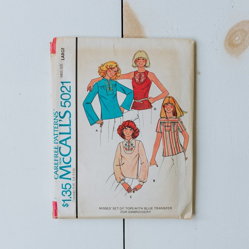 Vintage 1970s McCall's #5021 Misses Tops Sewing Pattern UNCUT